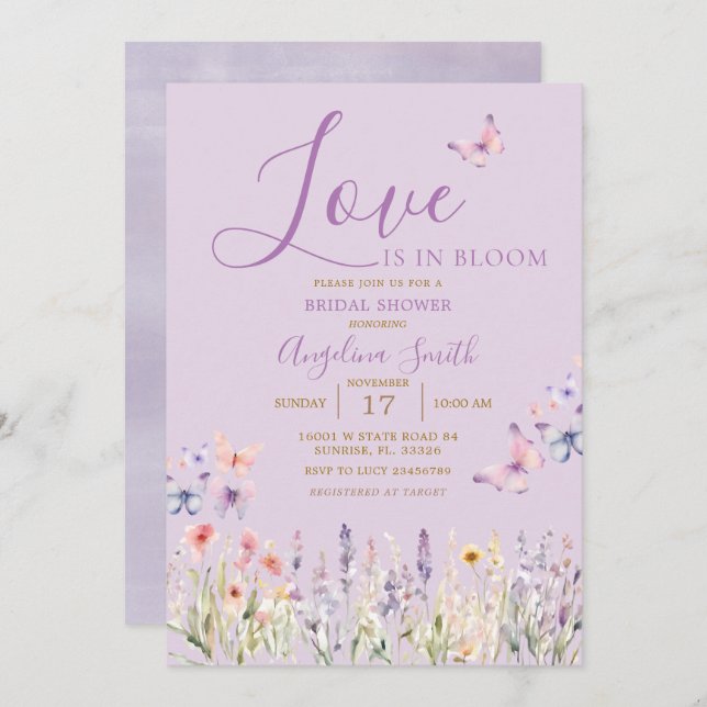 Purple Wildflower Floral Butterfly Bridal Shower  Invitation (Front/Back)