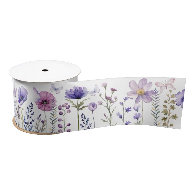 Purple Wildflower Garden Butterfly Satin Ribbon (Spool)