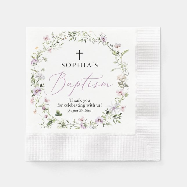 Purple Wildflower Girl Baptism Paper Napkin (Front)
