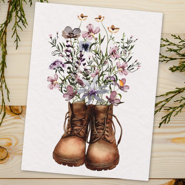 Purple Wildflower Hiking Boots Outdoor Postcard (Close up)