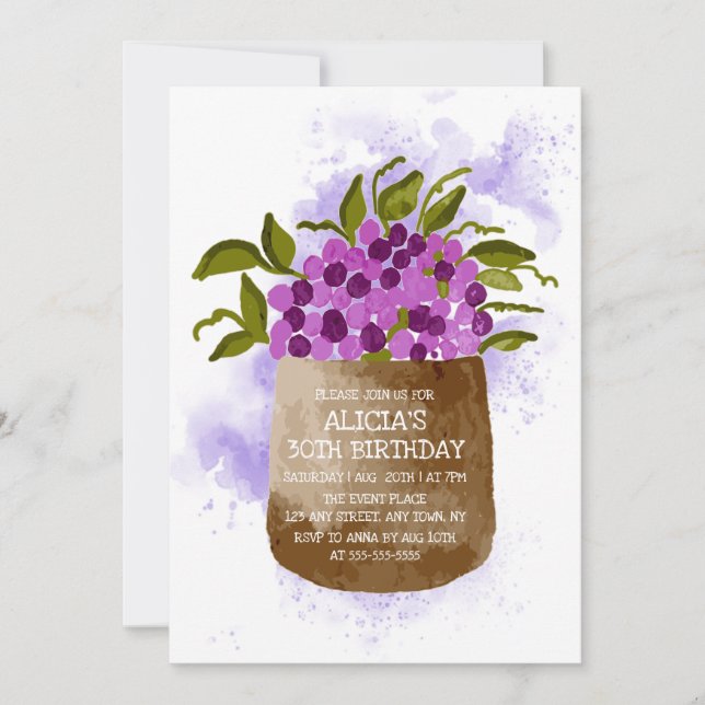 Purple Wildflower On Pot Watercolor Birthday  Invitation (Front)
