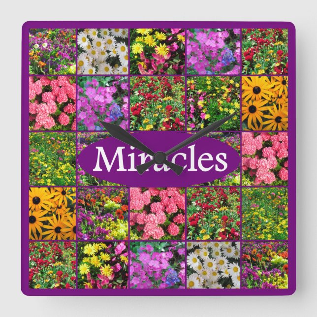 PURPLE WILDFLOWER PHOTO MIRACLES DESIGN SQUARE WALL CLOCK (Front)