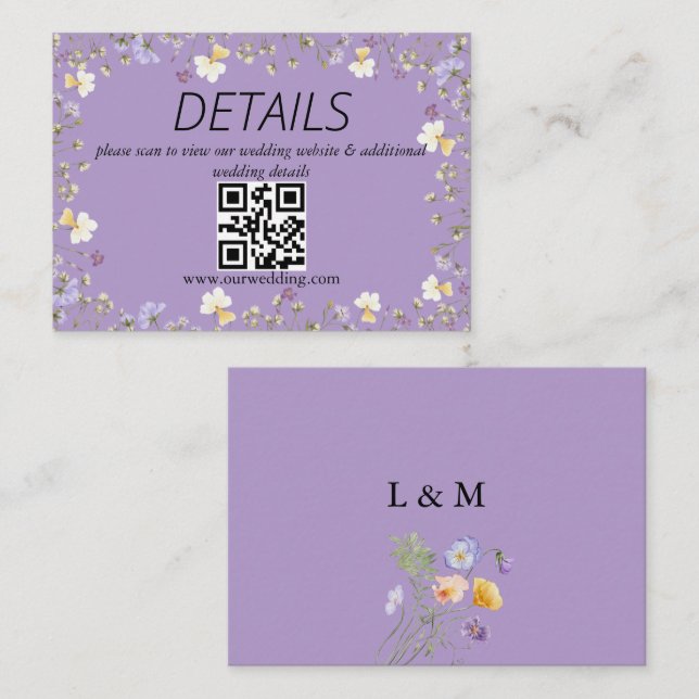 Purple Wildflower Summer Floral Wedding QR Code Enclosure Card (Front/Back)