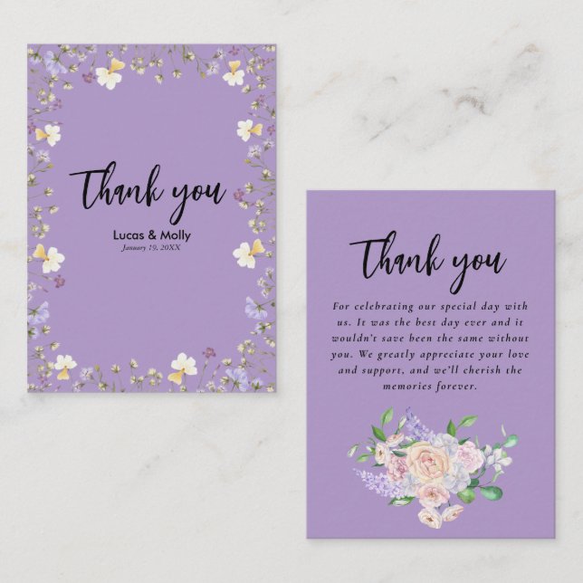 Purple Wildflower Summer Floral Wedding Thank you Card (Front/Back)
