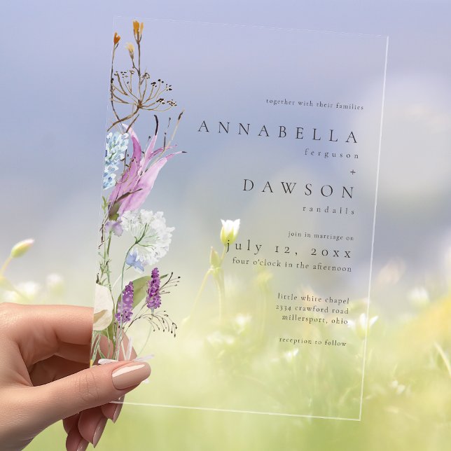 Purple Wildflower Watercolor Minimalist Wedding Acrylic Invitations (Olive Branch Watercolor Elegant Minimalist Wedding Invitation)