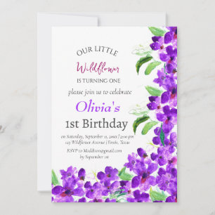 Purple Wildflowers 1st First Birthday Girl Floral Invitation