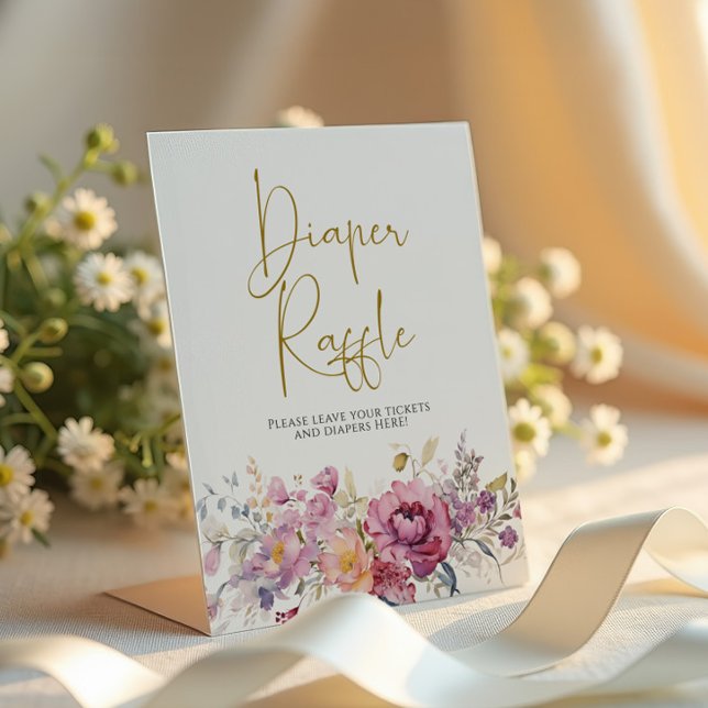 Purple Wildflowers Baby Shower Diaper Raffle Pedestal Sign (Creator Uploaded)