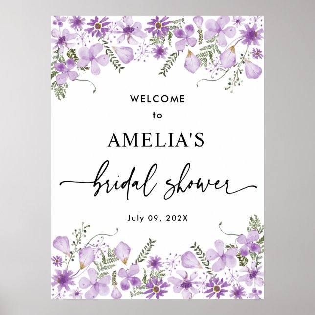 Purple Wildflowers Bridal Shower Welcome Poster (Front)