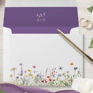 Purple Wildflowers Butterflies Wedding Envelope