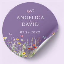 Purple Wildflowers Butterflies Wedding Sticker