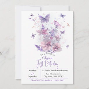 Purple Wildflowers Butterfly Girl's 1st Birthday  Invitation