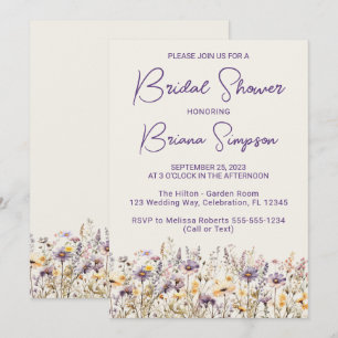 Purple Wildflowers Floral Beige Bridal Shower  Invitation