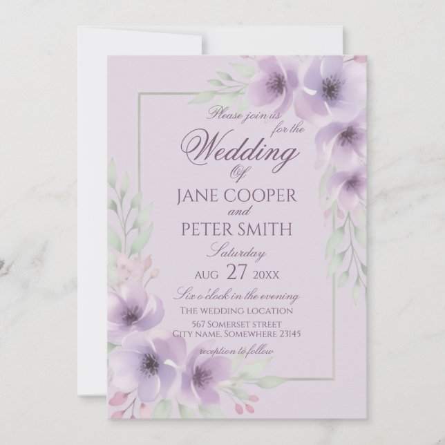 Purple wildflowers floral Budget Wedding Invitation (Front)