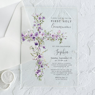 Purple Wildflowers Floral Cross First Communion Acrylic Invitations