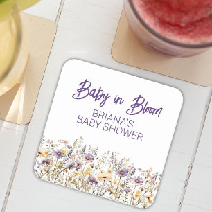 Purple Wildflowers Gender Neutral Baby Shower Square Paper Coaster