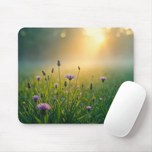 Purple Wildflowers In Misty Meadow Mouse Pad (With Mouse)