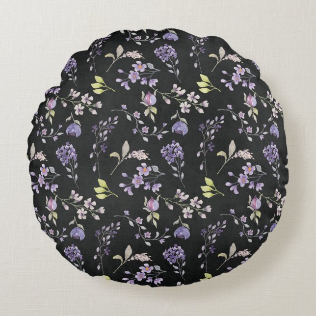 Purple Wildflowers on Black Round Cushion (Front)