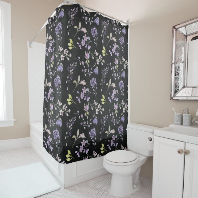 Purple Wildflowers on Distressed Black Shower Curtain (In Situ)
