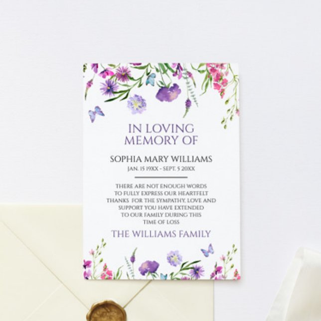 Purple Wildflowers Sympathy Memory Thank You Card (Creator Uploaded)