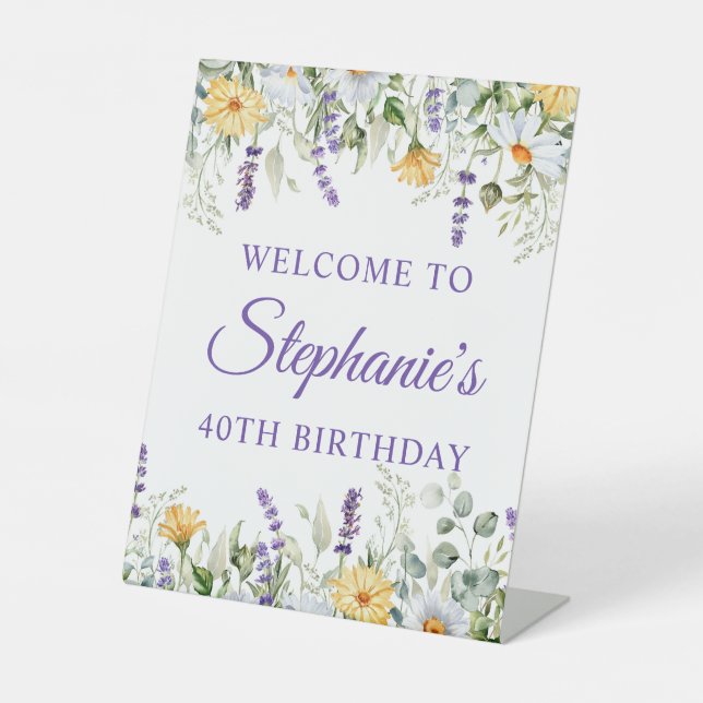 Purple Wildflowers Watercolor Border 40th Birthday Pedestal Sign (Front)