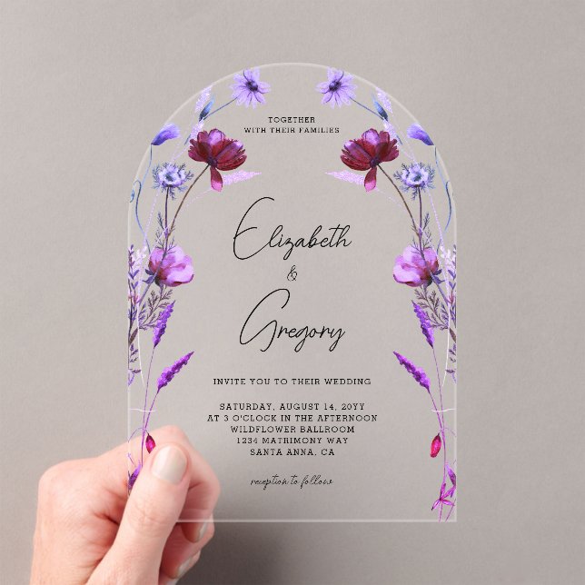 Purple Wildflowers Wedding Acrylic Invitations (Insitu (Handheld))