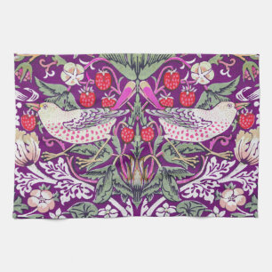 Purple William Morris Strawberry Thief Pattern Tea Towel
