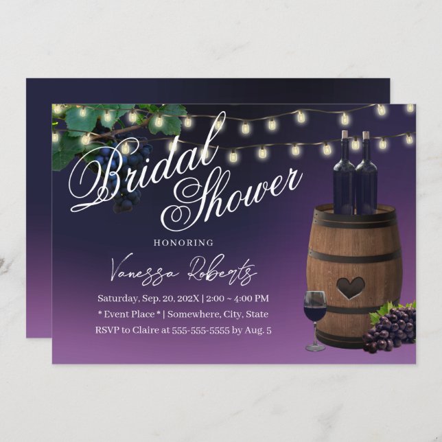Purple Wine Barrel Rustic Winery Bridal Shower Invitation (Front/Back)
