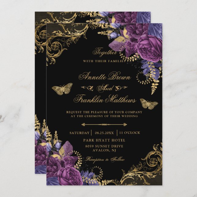 Purple Wine Floral Antique Ornate Gold Wedding Invitation (Front/Back)