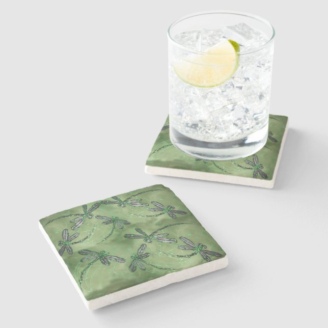 Purple Winged Dragonflies on Soft Lime Green Stone Coaster (Side)