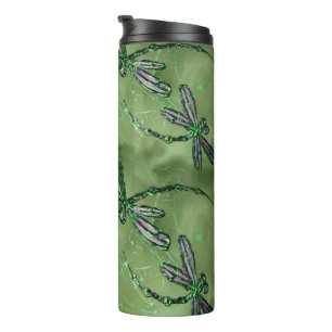 Purple Winged Dragonflies on Soft Lime Green Thermal Tumbler