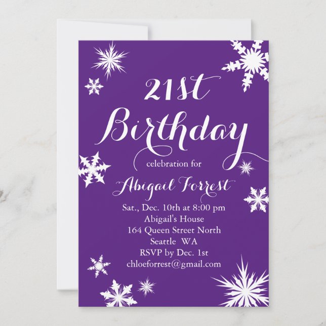 Purple Winter 21st Birthday Invitation (Front)