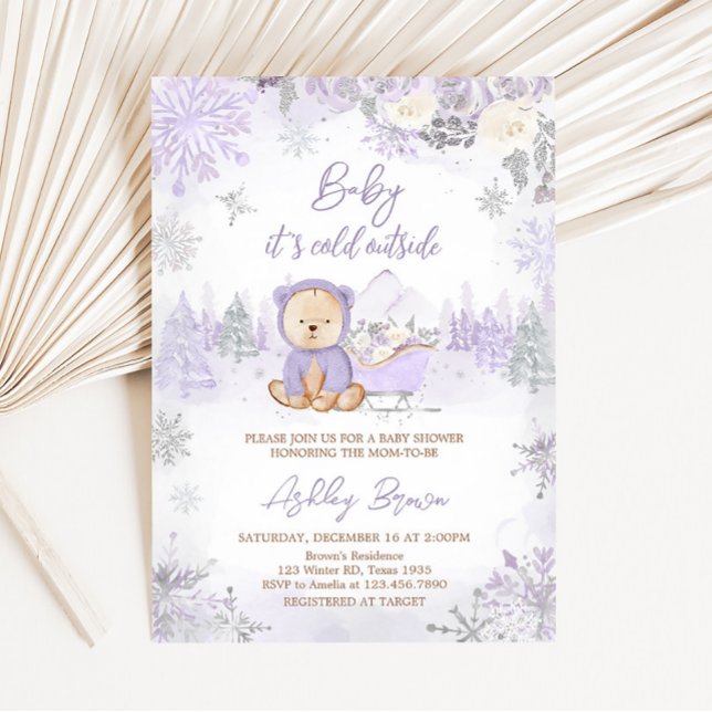 Purple Winter Bear Baby Shower Invitation (Purple Teddy Bear Baby Shower Invitation)