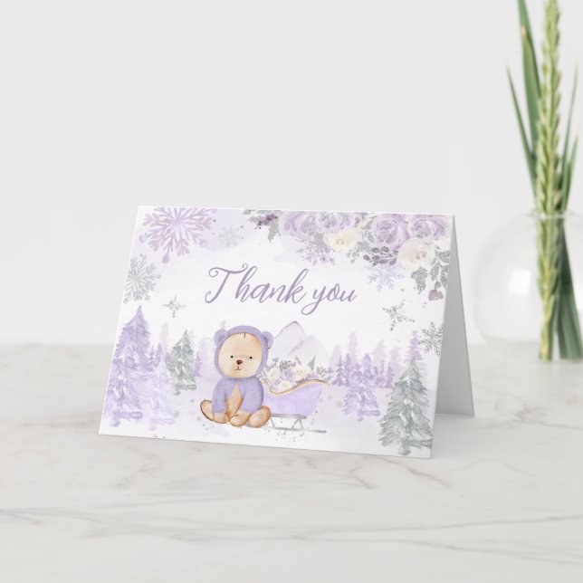 Purple Winter Bear Baby Shower  Thank You Card (Front)