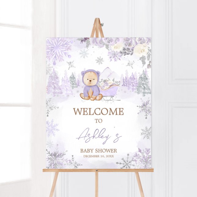 Purple Winter Bear Baby Shower Welcome Poster (Purple Teddy Bear Baby Shower Welcome Sign)