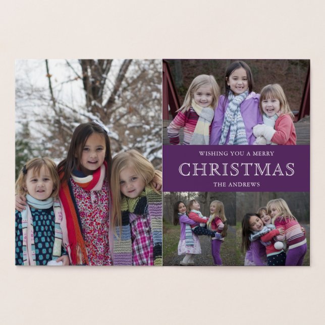 Purple Winter Christmas Photo Collage Foil Card (Inside)