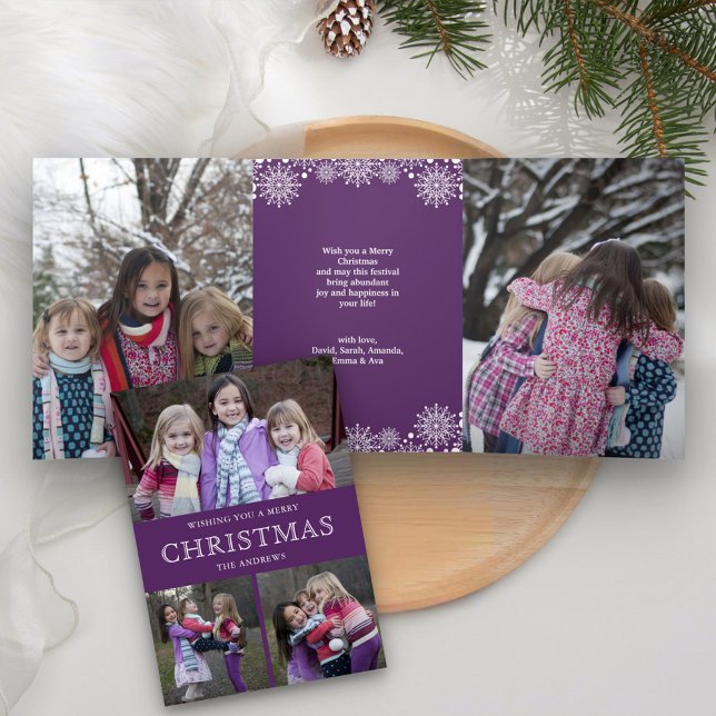 Purple Winter Christmas Photo Collage Tri-Fold Holiday Card (Creator Uploaded)