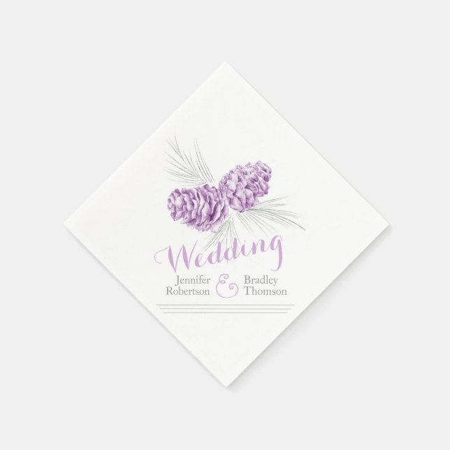 Purple winter pine cone art wedding paper napkins (Corner)