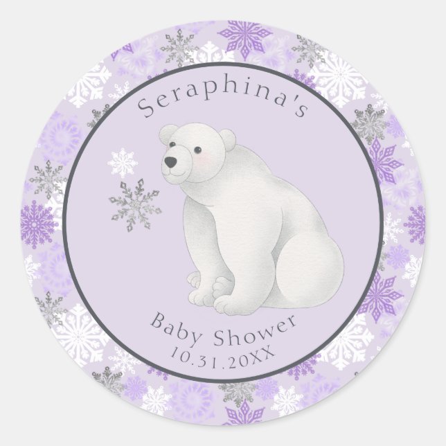Purple Winter Polar Bear Baby Shower Classic Round Sticker (Front)