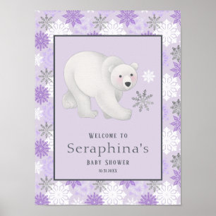 Purple Winter Polar Bear Baby Shower Welcome Poster