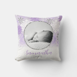Purple Winter Snowflake Personalised Baby Photo Cushion