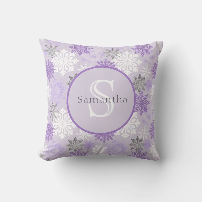 Purple Winter Snowflake Personalised Monogram Cushion (Front)