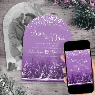 Purple winter trees snow lakeside photo wedding save the date