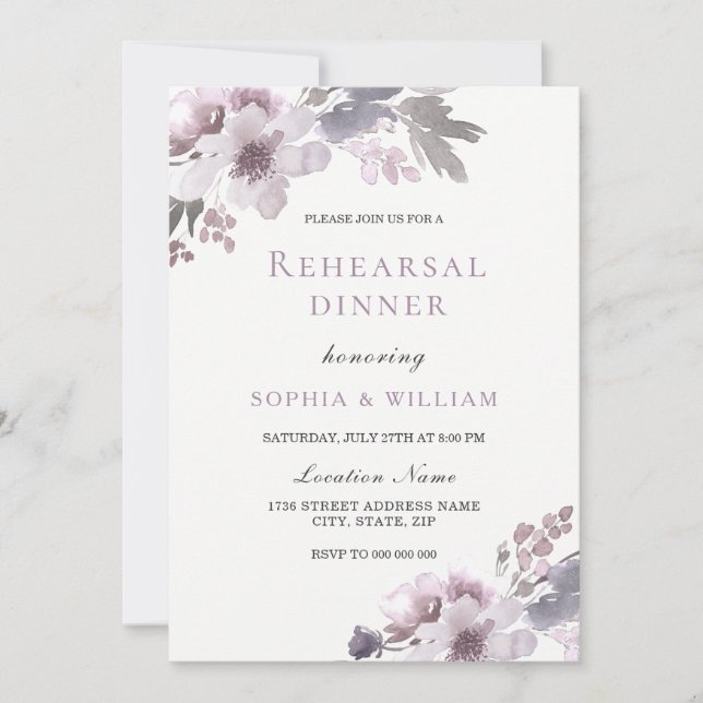 Purple Winter Watercolor Floral Rehearsal Dinner Invitation (Front)