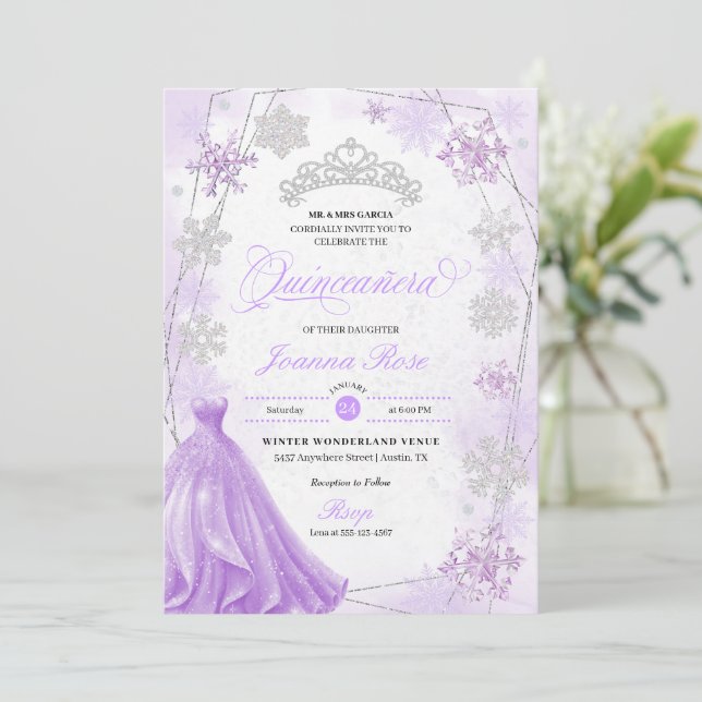 Purple Winter Wonderland Snowflake Quinceanera Invitation (Standing Front)