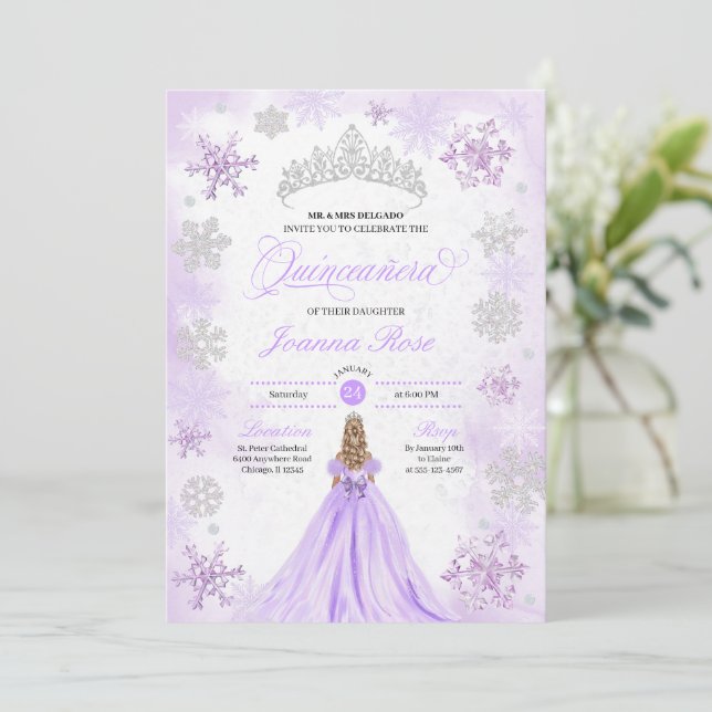 Purple Winter Wonderland Snowflake Quinceanera Invitation (Standing Front)
