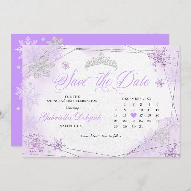 Purple Winter Wonderland Snowflake Save The Date Invitation (Front/Back)