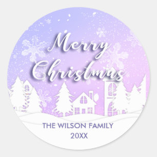 Purple Winter Wonderland White Snowy House Holiday Classic Round Sticker
