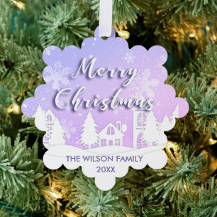 Purple Winter Wonderland White Snowy House Holiday Tree Decoration Card