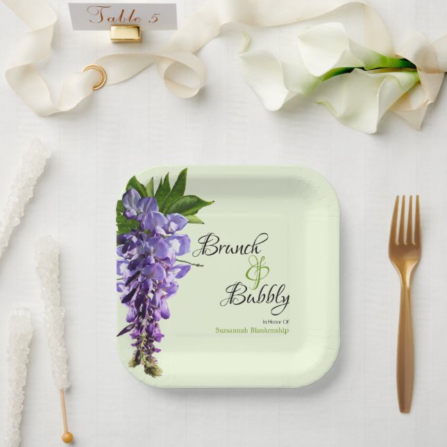 Purple Wisteria Brunch Bubbly Bridal Shower Green Paper Plate (Wedding)