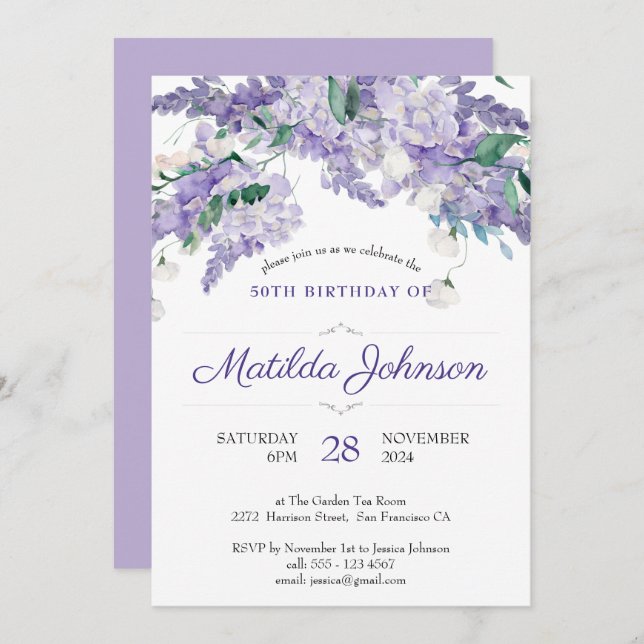 Purple Wisteria Floral Botanical 50th Birthday Invitation (Front/Back)